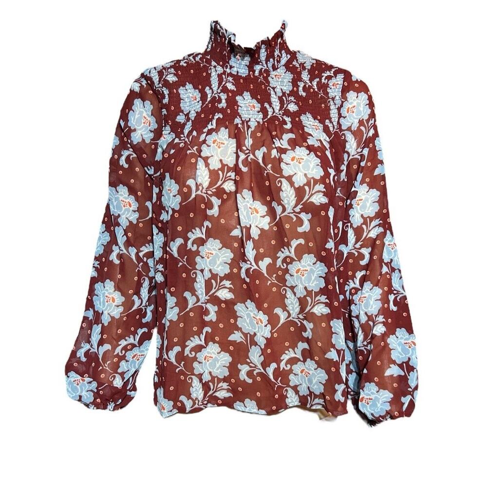 A.N.A Floral Long Sleeve Shear High Neck Blouse Ruby Floral